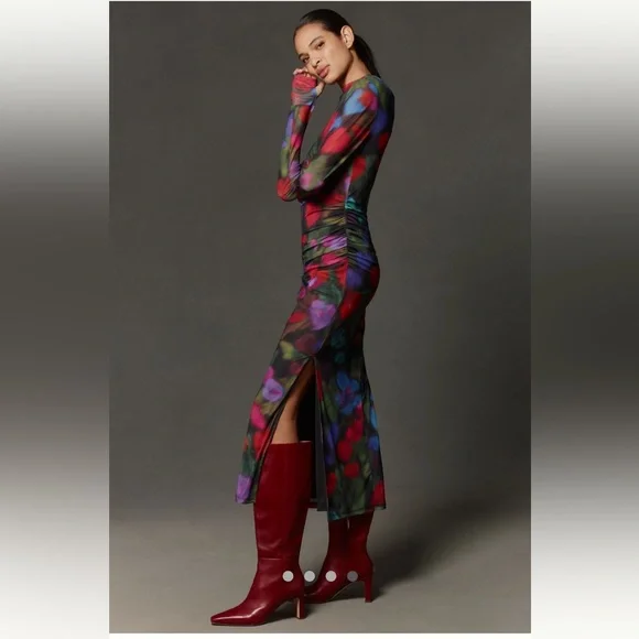 🎉LAST ONE🎉Anthropologie NWT Farm Rio Mock- Neck Mesh Slim Midi Dress size XS. - Picture 4 of 16